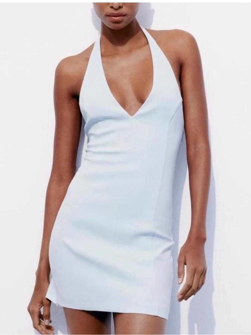 Zara Pale Blue Halter V-Neck Mini Dress